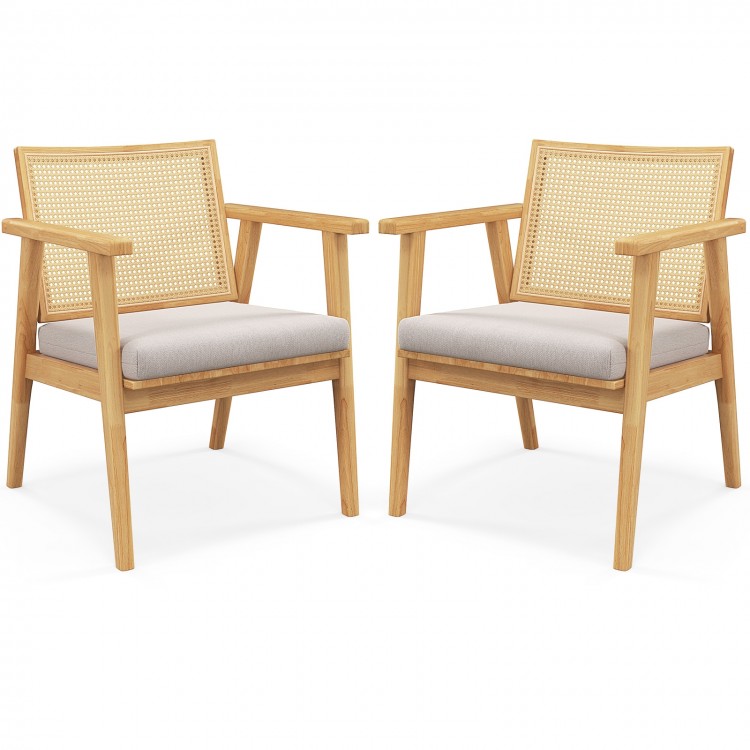 Set of 2 Mid Century Modern accent chairs with breathable rattan backs and natural rubber wood frames for stylish.