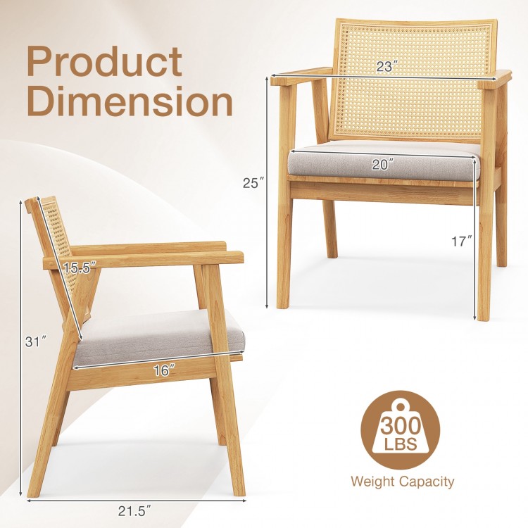 Mid-century modern accent chair with breathable rattan back, natural rubber wood frame, ideal for living room use.