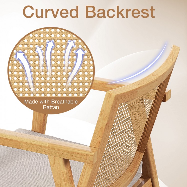 Curved backrest detail of Mid Century Modern Accent Chair set, featuring breathable rattan for comfort and style.