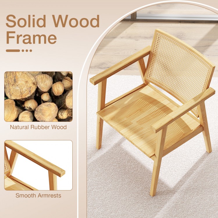 Mid-century modern accent chair with breathable rattan back, natural rubber wood frame, ideal for living room comfort.