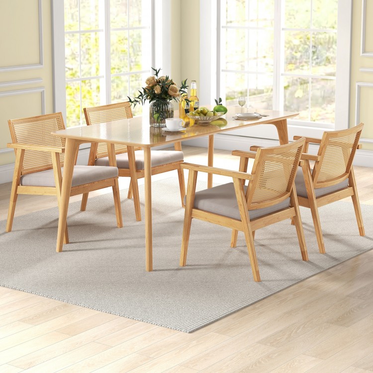 Mid-century modern accent chairs set of 2 with breathable rattan back and natural rubber wood frame for stylish comfort.
