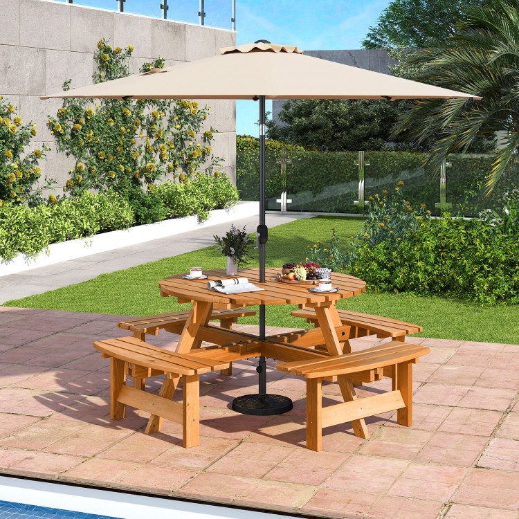 Round picnic table set with 4 benches, crafted from natural fir wood, ideal for outdoor dining and gatherings.