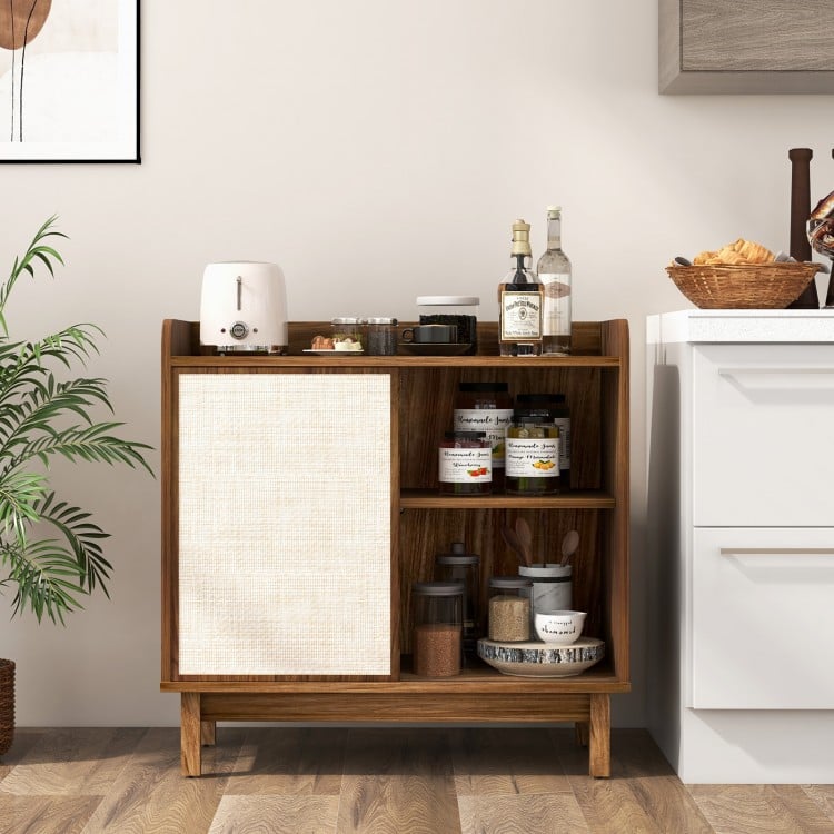 Rattan buffet sideboard in walnut with sliding door and adjustable shelves, perfect for kitchen or dining room storage.