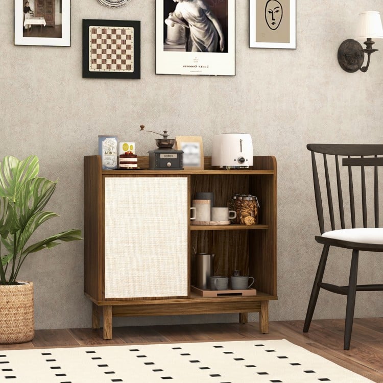 Mid-century rattan buffet sideboard in walnut with sliding door, adjustable shelves, ideal for dining or living room.