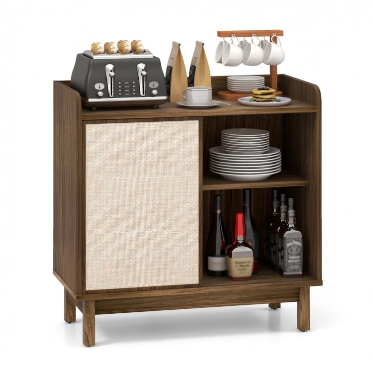 Rattan buffet sideboard with sliding door and adjustable shelves, perfect for dining room or kitchen storage.