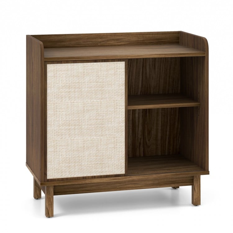 Mid-century rattan buffet sideboard in walnut with sliding door and adjustable shelves for versatile storage.