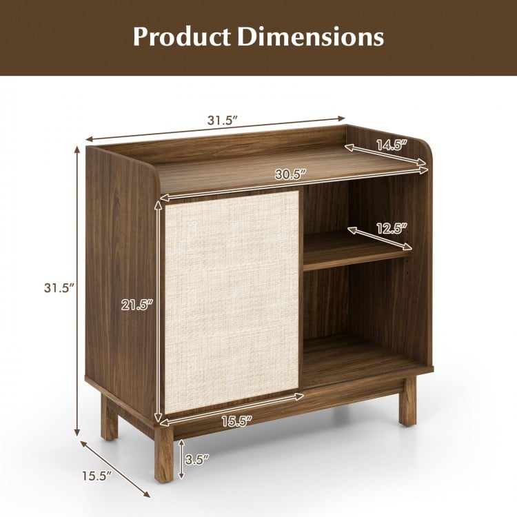 Dimensions of the walnut Rattan Buffet Sideboard with sliding door and adjustable shelves for versatile storage.