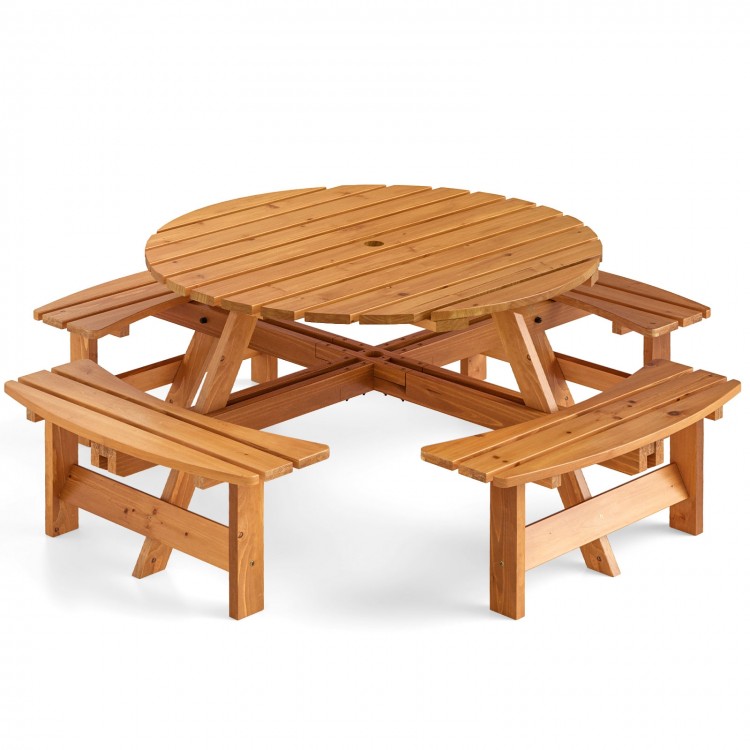 Round picnic table set made of natural fir wood with 4 built-in benches, perfect for outdoor dining with family and.