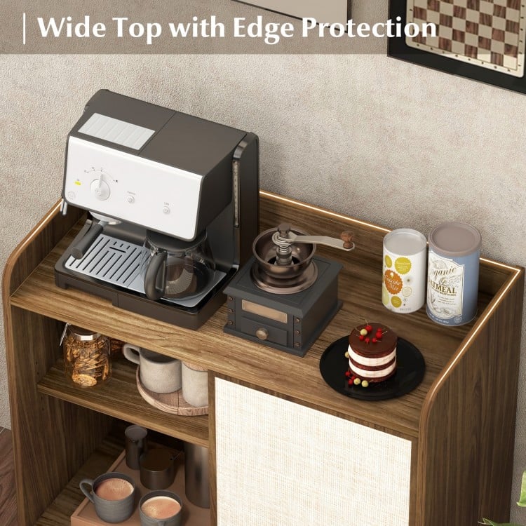 Wide top of the walnut rattan buffet sideboard with edge protection, ideal for placing appliances and decor.