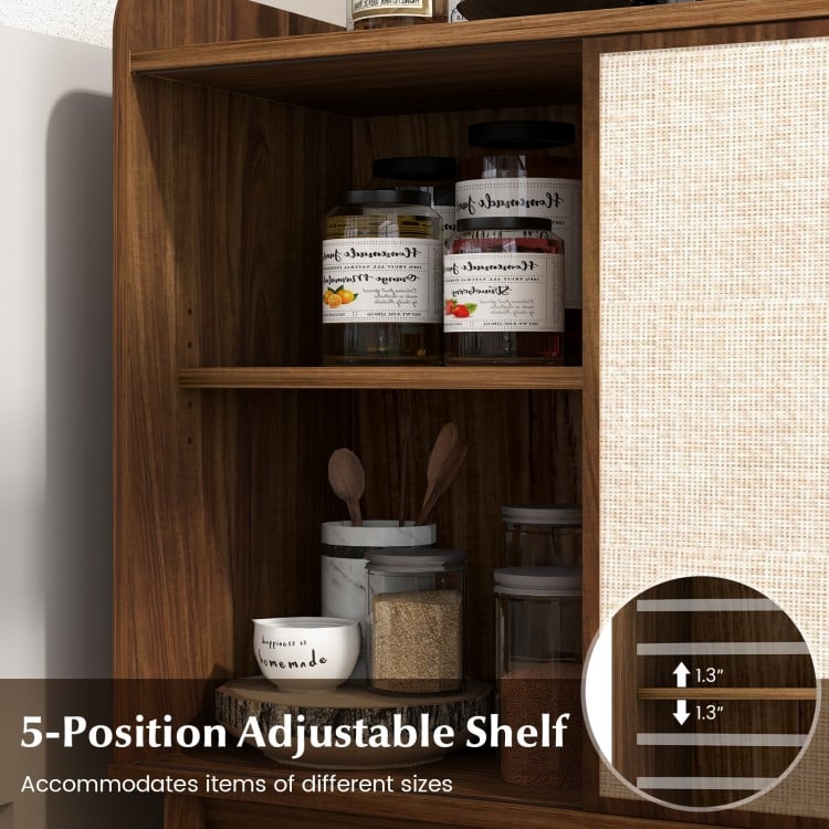 5-position adjustable shelf in walnut rattan buffet sideboard, perfect for storing items of various sizes.