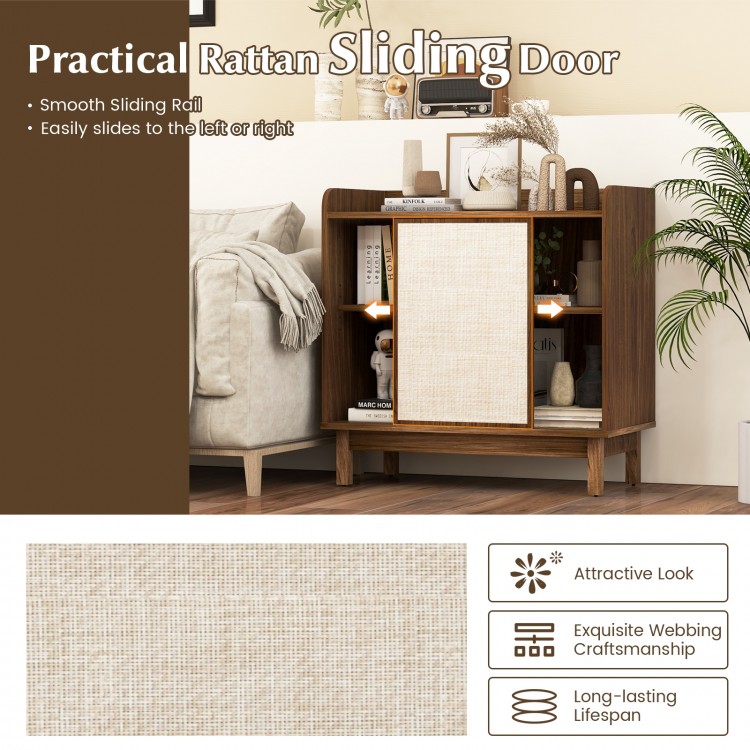 Rattan sliding door detail of the walnut buffet sideboard with adjustable shelves for stylish storage in any room.