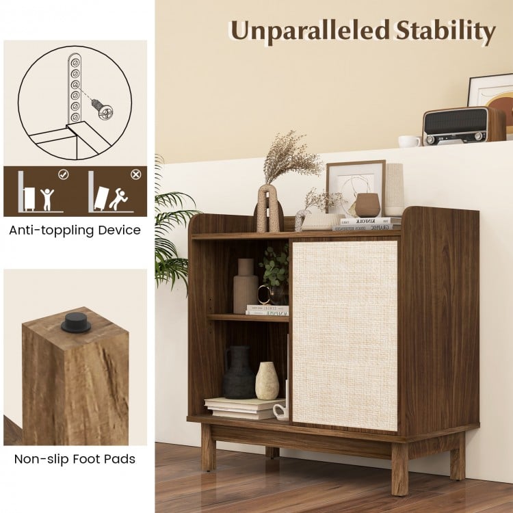 Rattan buffet sideboard with sliding door, adjustable shelves, and anti-toppling device for dining room or kitchen.