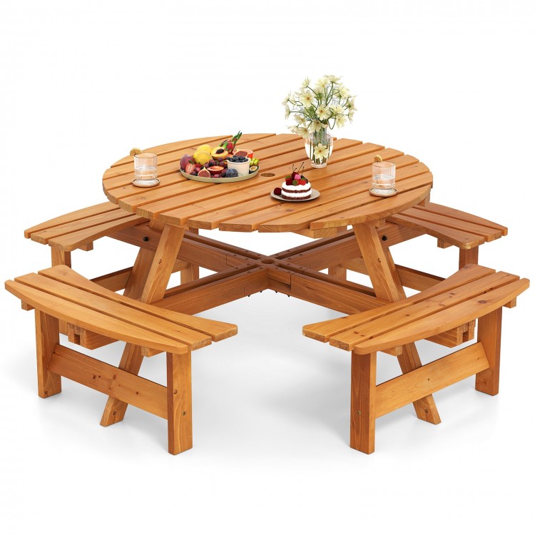 8-Person Round Picnic Table Set Circular Patio Dining Camping Table with Benches - Gallery View 4 of 11