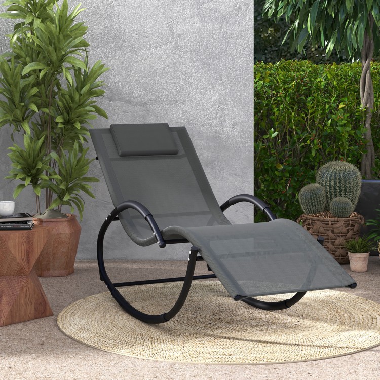 Gray outdoor rocking lounge chair with removable headrest, featuring a curved base and ergonomic design for comfortable.