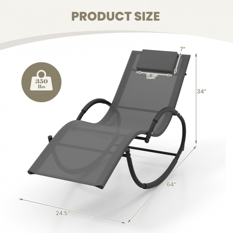Gray outdoor rocking lounge chair dimensions with removable headrest, featuring a curved base for smooth rocking.