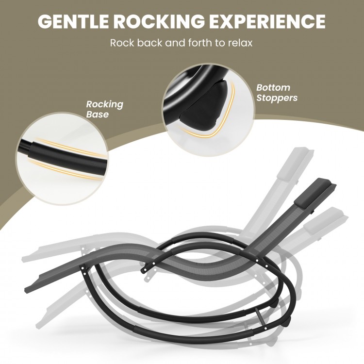 Curved base and bottom stoppers of the gray outdoor rocking lounge chair ensure a smooth and stable rocking experience.