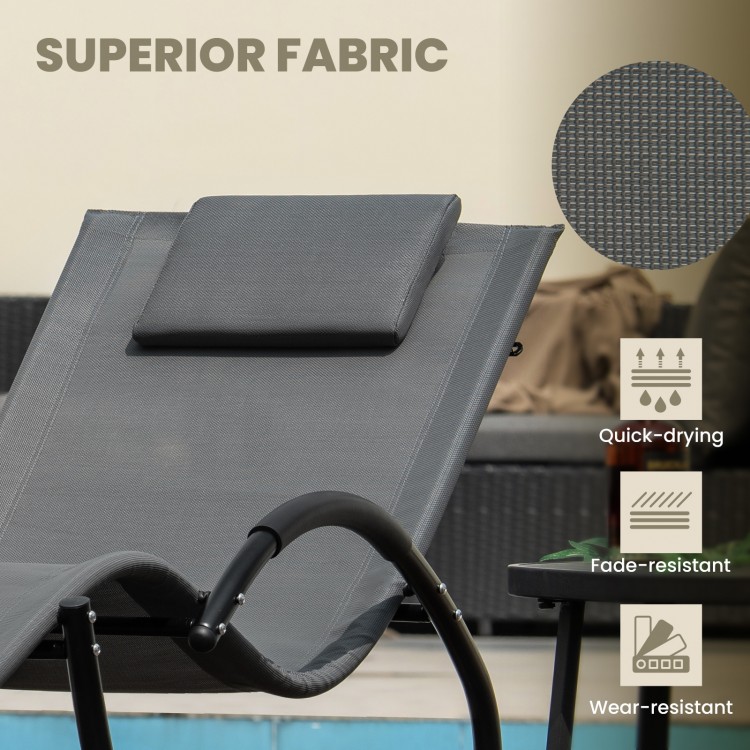 Gray outdoor rocking lounge chair with removable headrest, featuring breathable fabric and ergonomic design for comfort.