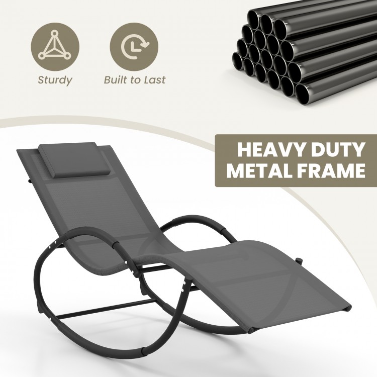 Gray outdoor rocking lounge chair with removable headrest, featuring a sturdy metal frame and ergonomic design for.
