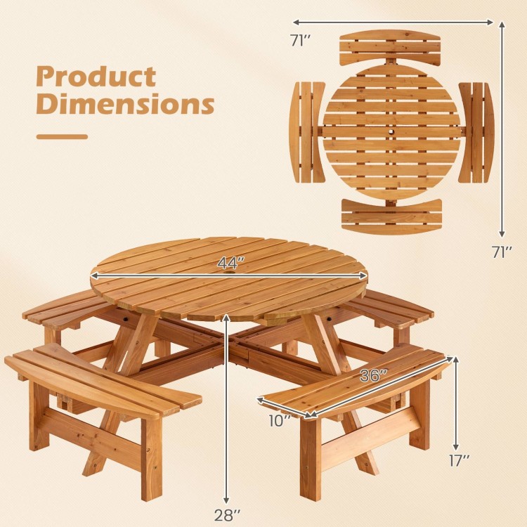 Dimensions of the 8-person round picnic table set, showcasing a circular design with slatted tops and built-in benches.