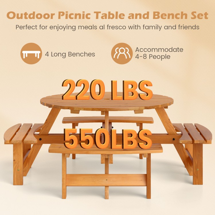 Round picnic table set with 4 benches, crafted from natural fir wood, accommodates 4-8 people for outdoor dining.