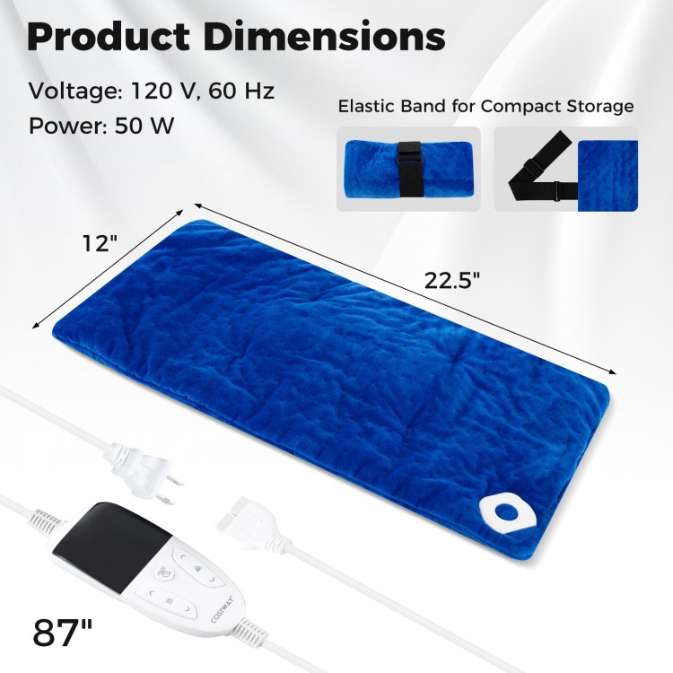 Blue electric heated pad with massagers, featuring 5 heat settings and compact storage for versatile body use.