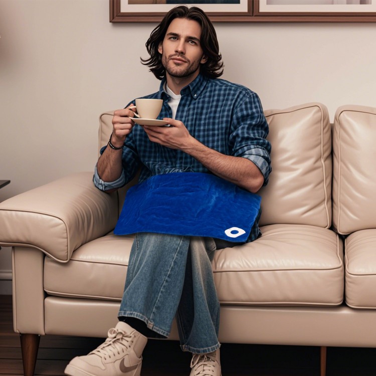 Blue weighted heating pad with massagers, featuring crystal flannel for comfort, ideal for soothing muscle relief.