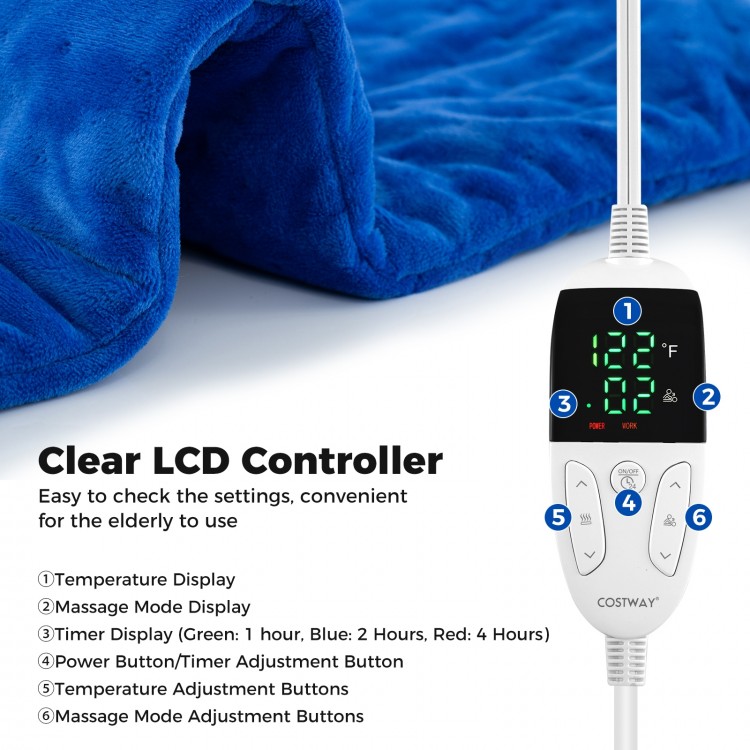 Weighted electric heating pad in blue with LCD controller, featuring 2 massagers and 5 heat settings for muscle relief.