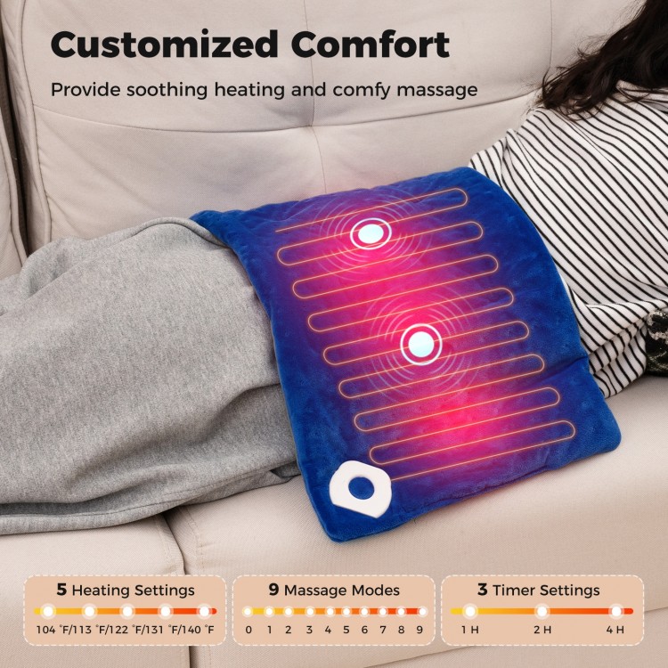 Weighted heating pad in blue with massagers, featuring 5 heat settings and 9 massage modes for customizable comfort.