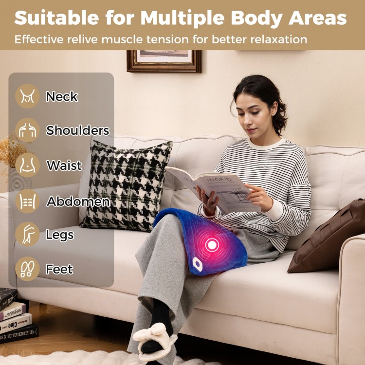 Weighted heating pad in blue with massagers, designed for neck, shoulders, and legs, offering soothing heat and.