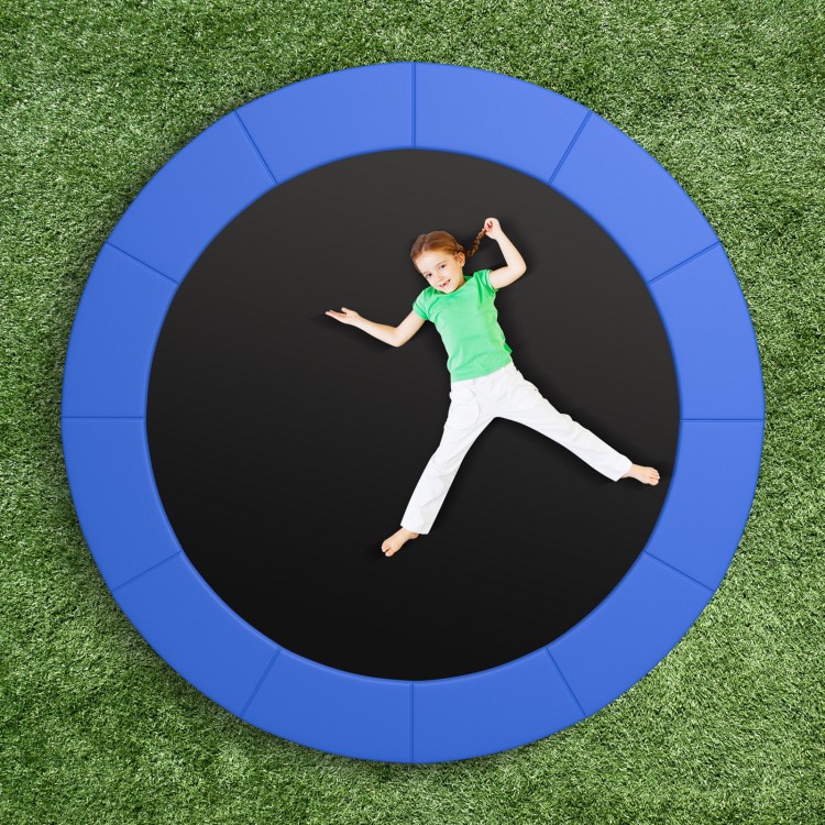 Blue trampoline pad replacement with thick EPE foam for safety, shown in use by a child on a grassy surface.