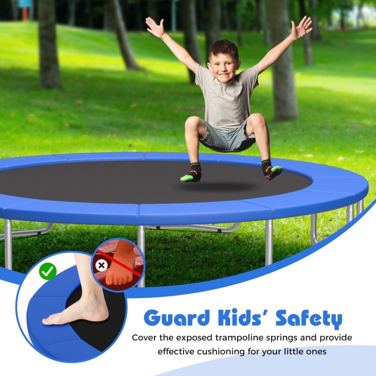 Blue trampoline pad replacement with fixing straps, featuring thick EPE foam for edge-to-edge safety and comfort.
