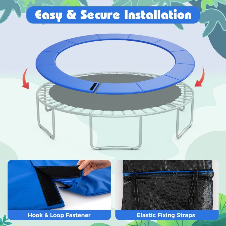 Blue 16 feet trampoline safety pad with fixing straps, featuring anti-tear surface and easy hook and loop installation.