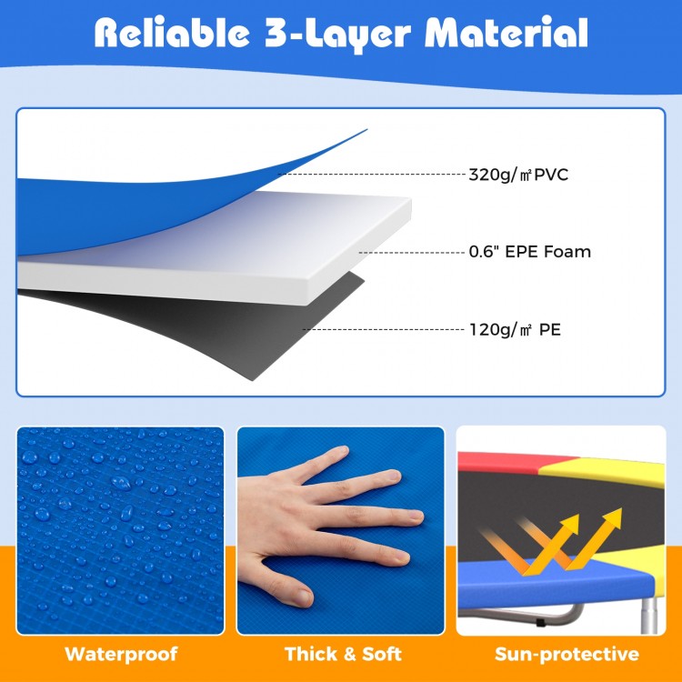 Blue 16 feet trampoline pad replacement with waterproof surface, thick EPE foam, and elastic straps for secure fitting.