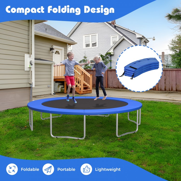 Blue 16 feet trampoline safety pad with fixing straps, featuring anti-tear surface and foldable design for easy storage.