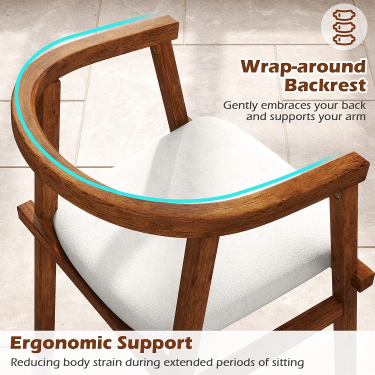 Solid rubber wood dining chair with wrap-around armrest, ergonomic support, and breathable fabric for comfort.