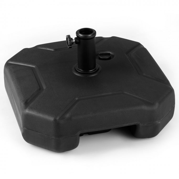 Heavy-duty 17-inch fillable umbrella base made of HDPE, designed for stability with a carrying handle for easy movement.
