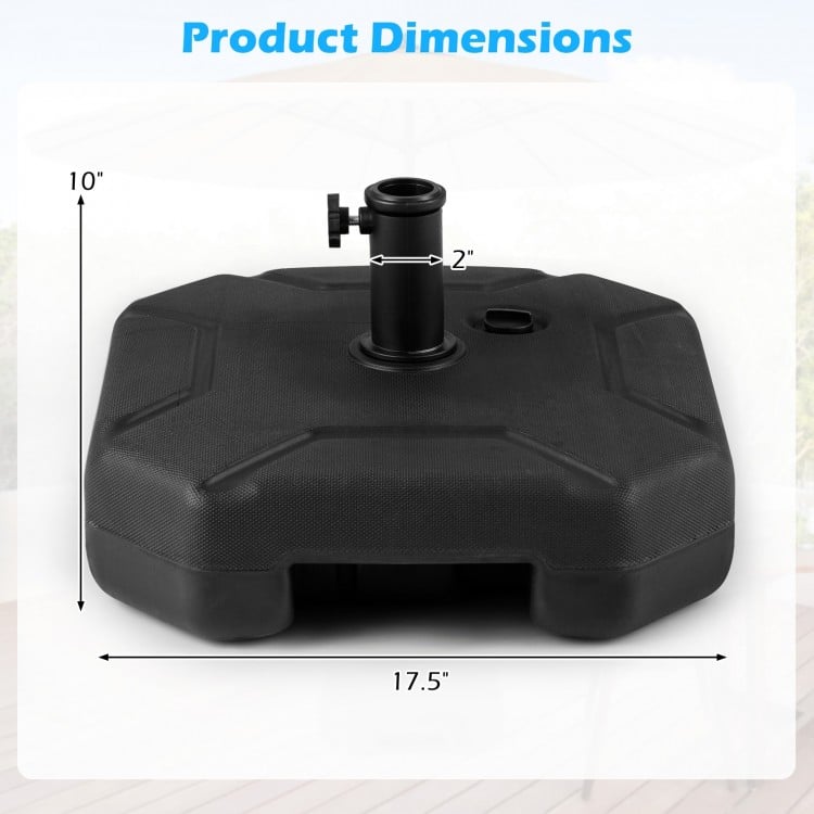 Heavy-duty 17-inch umbrella base dimensions with a refillable reservoir for 88 lbs capacity, featuring a carrying.