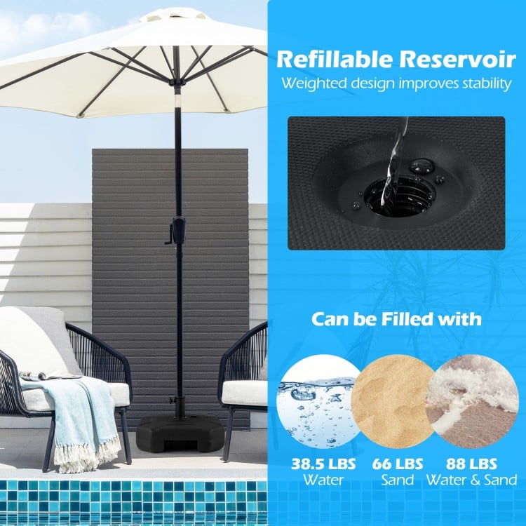 Heavy-duty 17-inch umbrella base with refillable reservoir, holds 88 lbs, designed for stability and easy movement.