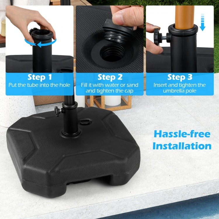 Heavy-duty 17-inch umbrella base with refillable reservoir, featuring a handle for easy movement and secure fit.