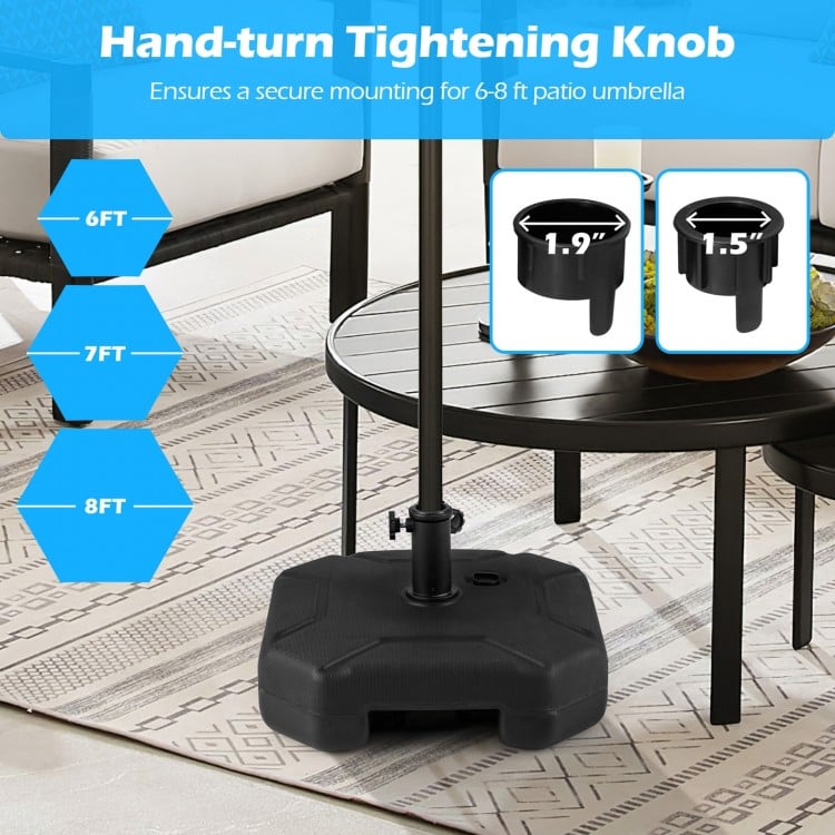 Heavy-duty 17-inch umbrella base with hand-turn tightening knob, fillable with water or sand for stability.
