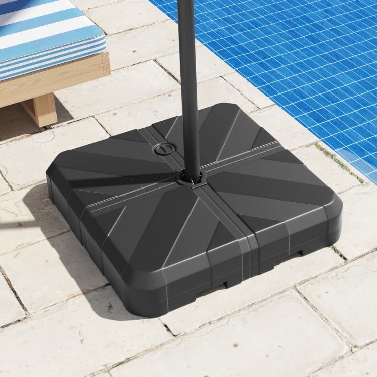 Weighted offset umbrella base with cross bracket, designed for stability and easy movement, suitable for umbrellas up.
