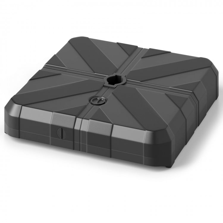 Weighted offset umbrella base with cross bracket, fillable design, and cut-out handles for stability and easy movement.