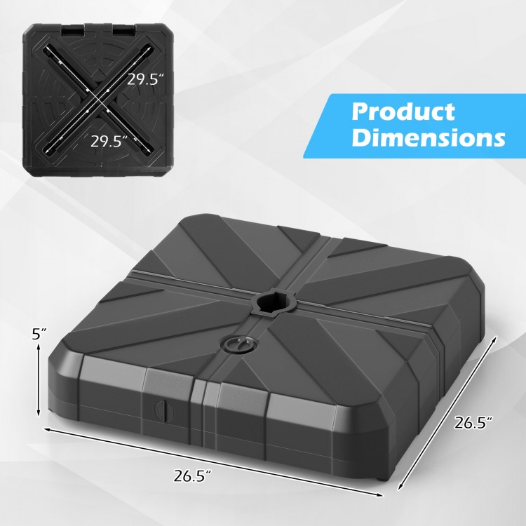 Weighted offset umbrella base with cross bracket, 29.5" x 26.5", fillable design for stability, suitable for umbrellas.