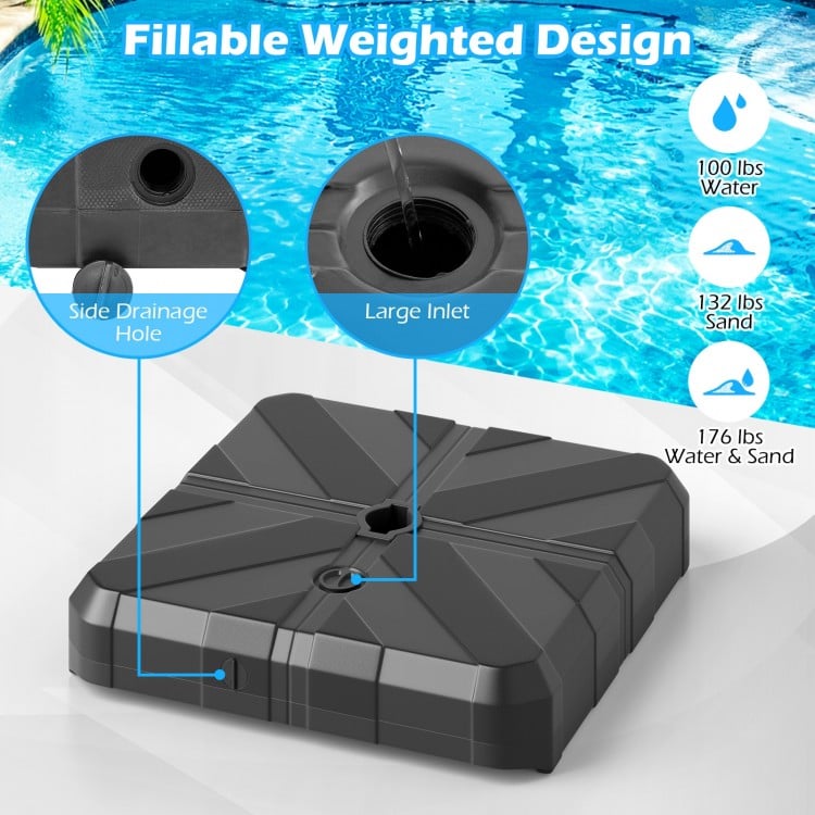 Weighted offset umbrella base with fillable design, featuring large inlet and side drainage hole for easy maintenance.