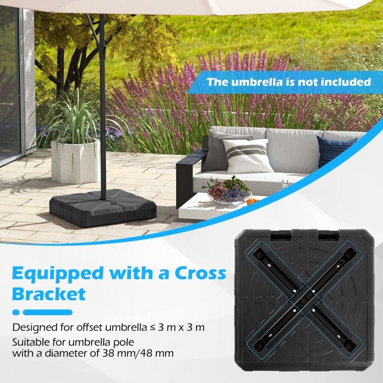 Weighted offset umbrella base with cross bracket, designed for 10 ft umbrellas, featuring fillable, weather-resistant.