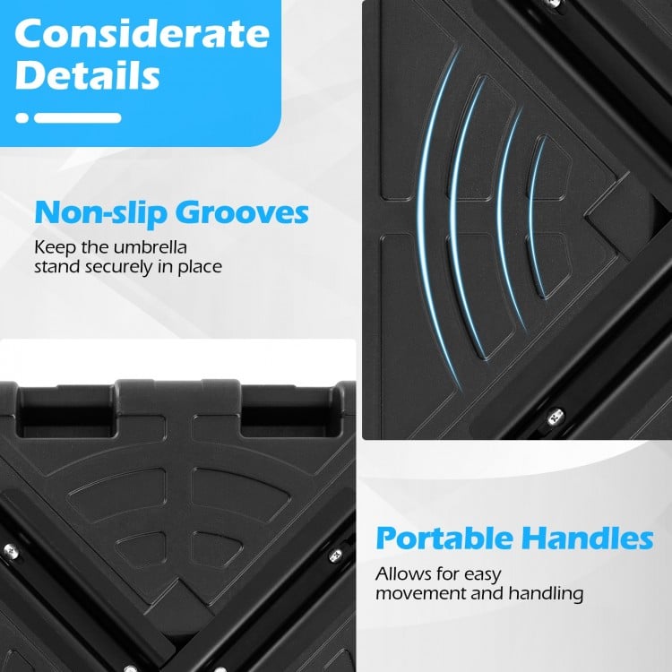 Close-up of the weighted offset umbrella base showing non-slip grooves and portable handles for easy movement.
