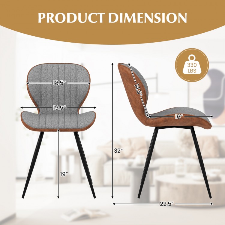 Dimensions of a gray armless dining chair with curved backrest, featuring a sturdy metal frame and soft fabric.