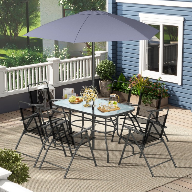 Six outdoor patio chairs with rustproof metal frames, featuring a folding design for easy storage and portability.