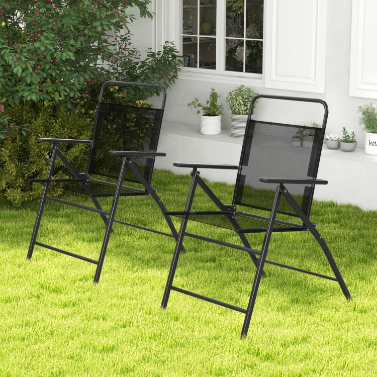 Two folding outdoor patio chairs with rustproof metal frames, featuring breathable fabric and high backrests for.