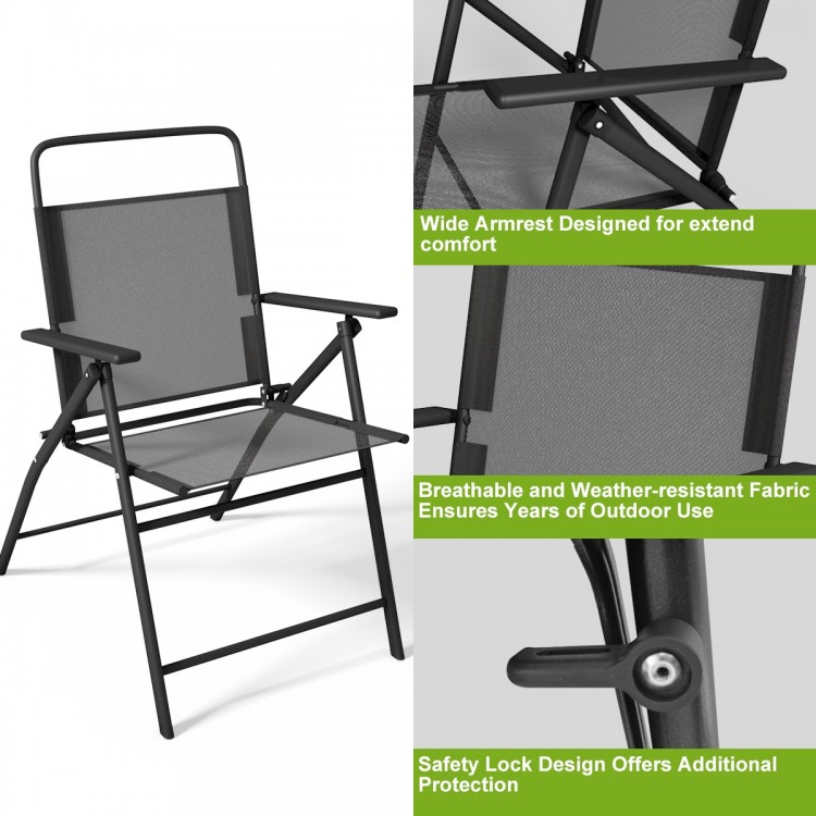 Folding outdoor patio chair with rustproof metal frame, breathable fabric, and wide armrests for comfortable seating.